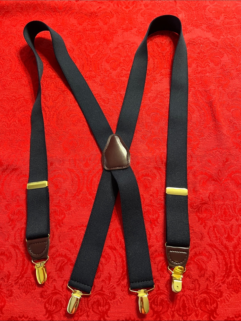 Men’s Navy Blue Suspenders Gold Tone Clips Brown Accents Adjustable Y Back
